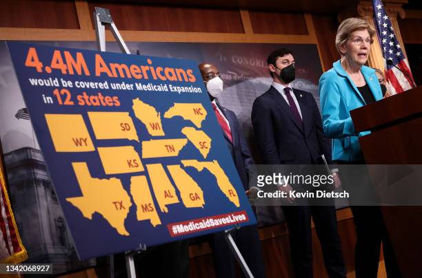 Sen. Elizabeth Warren speaks on medicare expansion and the reconciliation package during a press conference with fellow lawmakers at the U.S. Capitol...