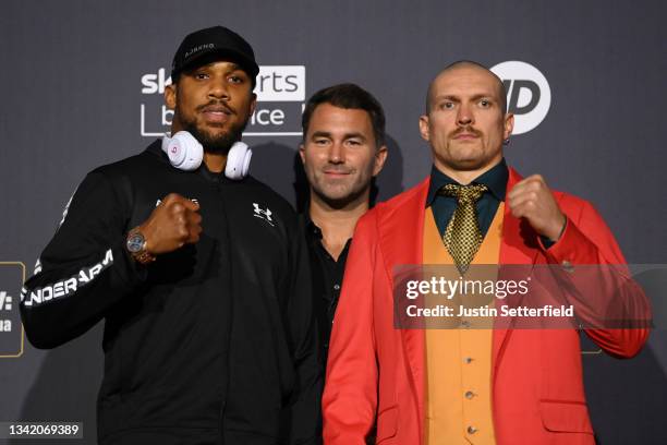 Anthony Joshua and Oleksandr Usyk face off during a Press Conference ahead of the heavyweight fight between Anthony Joshua and Oleksandr Usyk at...