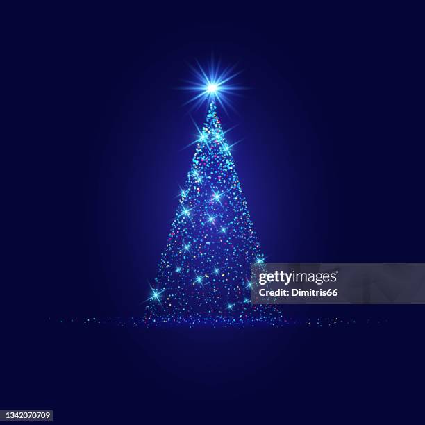 ilustraciones, imágenes clip art, dibujos animados e iconos de stock de árbol mágico de navidad hecho de luces azules sobre fondo oscuro - christmas trees