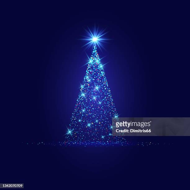 illustrazioni stock, clip art, cartoni animati e icone di tendenza di albero magico di natale fatto di luci blu su sfondo scuro - illuminato