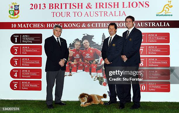 British & Irish Lions manager Andy Irvine, Wallabies head coach Robbie Deans and captain James Horwill pose beside the fixtures during the...