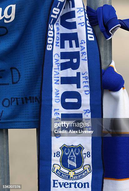 Tributes to footballer and ex Everton player Gary Speed are seen outside Goodison Park the home ground of Everton FC on November 28, 2011 in Bolton,...