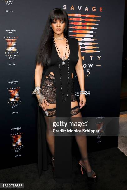 Rihanna attends the premiere of Rihanna's Savage X Fenty Show Vol. 3 presented by Amazon Prime Video at The Glasshouse on September 22, 2021 in New...