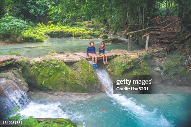 children sit by a lush tropical lagoon waterfall on a family vacation - jamaica bildbanksfoton och bilder