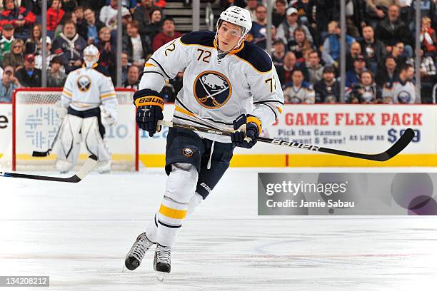 Luke Adam of the Buffalo Sabres skates against the Columbus Blue Jackets on November 25, 2011 at Nationwide Arena in Columbus, Ohio. The Blue Jackets...