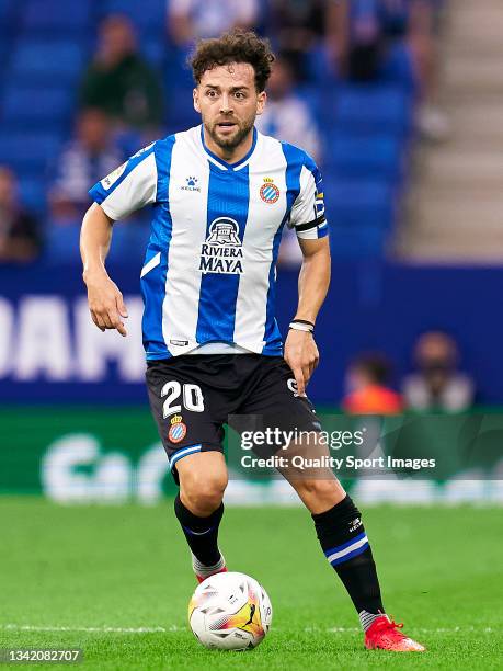 Keidi Bare of RCD Espanyol with the ball during the La Liga Santander match between RCD Espanyol and Deportivo Alaves at RCDE Stadium on September...