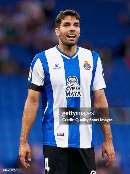 Leandro Cabrera of RCD Espanyol reacts during the La Liga Santander match between RCD Espanyol and Deportivo Alaves at RCDE Stadium on September 22,...