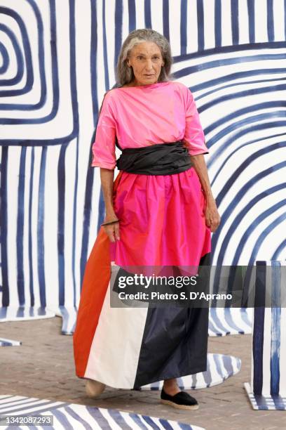 Benedetta Barzini walks the runway at the Daniela Gregis fashion show during the Milan Fashion Week - Spring / Summer 2022 on September 23, 2021 in...