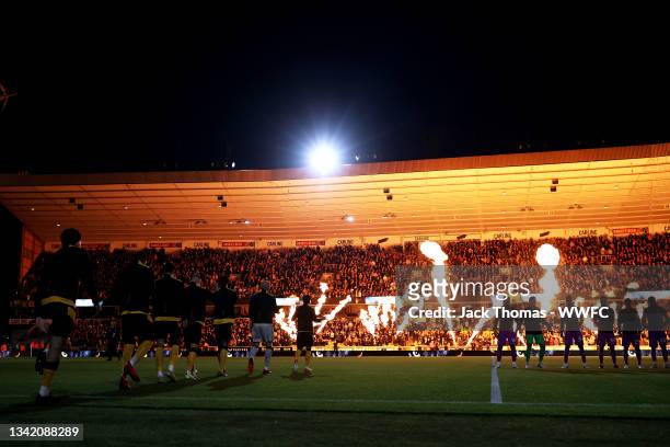 General view as Ruben Neves of Wolverhampton Wanderers leads the team out onto the pitch ahead of the Carabao Cup Third Round match between...