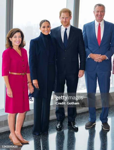 Governor Kathy Hochul, Prince Harry, Duke of Sussex, Meghan, Duchess of Sussex and Mayor Bill DiBlasio visit 1 World Trade Center on September 23,...