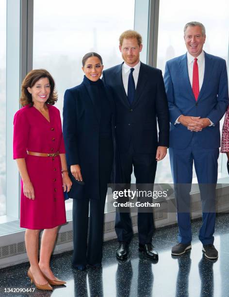 Governor Kathy Hochul, Prince Harry, Duke of Sussex, Meghan, Duchess of Sussex and Mayor Bill DiBlasio visit 1 World Trade Center on September 23,...
