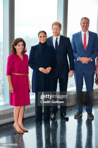 Governor Kathy Hochul, Prince Harry, Duke of Sussex, Meghan, Duchess of Sussex and Mayor Bill DiBlasio visit 1 World Trade Center on September 23,...