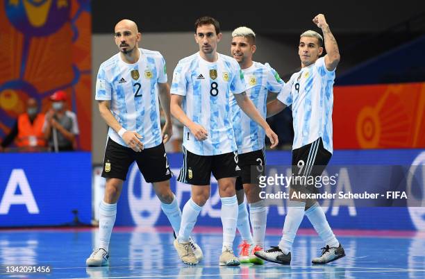 Cristian Borruto of Argentina celebrates with team mates after scoring their team's second goal during the FIFA Futsal World Cup 2021 Round of 16...