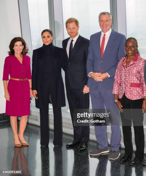 Governor Kathy Hochul, Prince Harry, Duke of Sussex, Meghan, Duchess of Sussex and Mayor Bill DiBlasio visit 1 World Trade Center on September 23,...