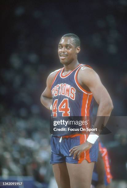 Rick Mahorn of the Detroit Pistons looks on against the Washington Bullets during an NBA basketball game circa 1985 at the Capital Centre in...