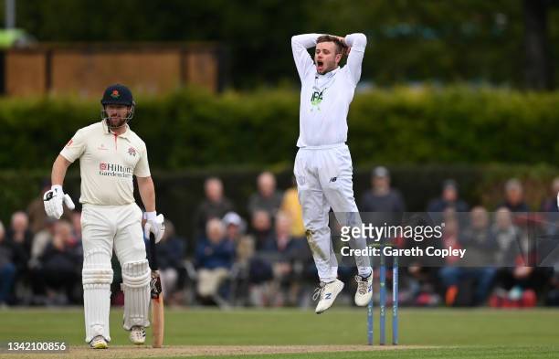 Mason Crane of Hampshire reacts after bowling during the LV= Insurance County Championship match between Lancashire and Hampshire at Aigburth on...