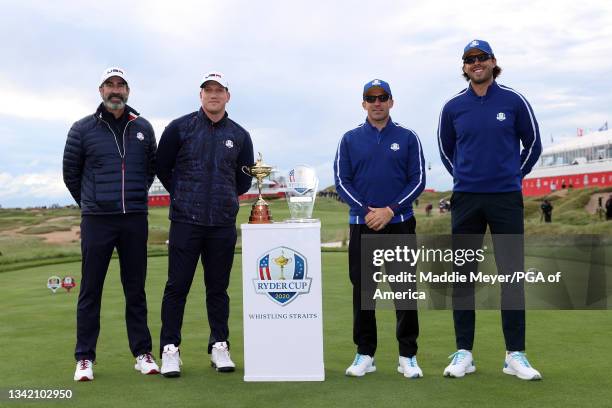 Rob Riggle, A.J. Hawk, Alessandro Del Piero, and Sasha Vujacic pose for photos on the first tee during the celebrity matches ahead of the 43rd Ryder...