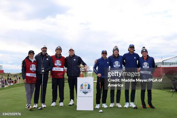 Rob Riggle, A.J. Hawk, Alessandro Del Piero, and Sasha Vujacic pose for photos on the first tee during the celebrity matches ahead of the 43rd Ryder...