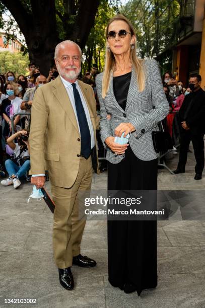 Aurelio De Laurentiis and Jacqueline Baudit are seen ahead of the Emporio Armani fashion show during the Milan Fashion Week - Spring / Summer 2022 on...