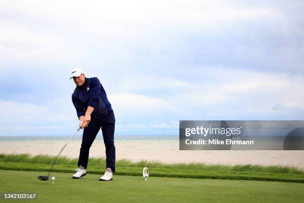 Hawk plays his shot from the 16th tee during the celebrity matches ahead of the 43rd Ryder Cup at Whistling Straits on September 23, 2021 in Kohler,...