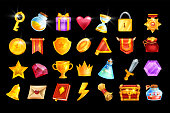Vector game icon set, mobile casino app object kit, RPG inventory badge, golden trophy cup, medal.