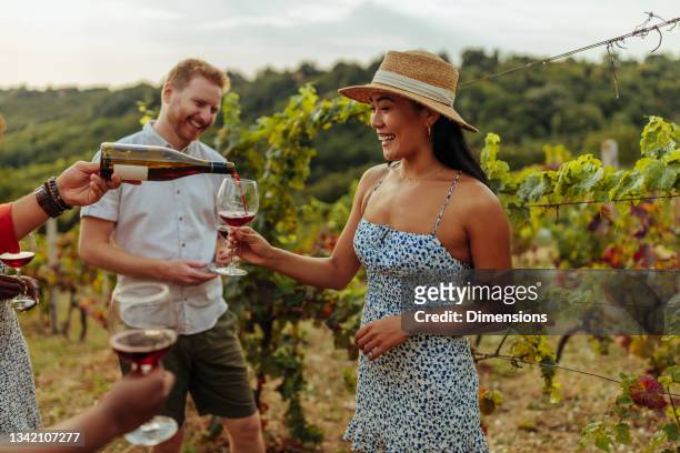 happy wine tourists tasting wine in vineyard - vinprovning bildbanksfoton och bilder