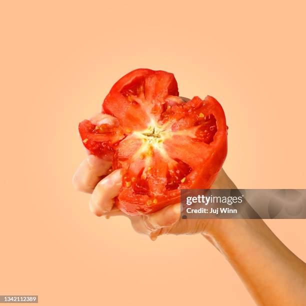 hand squeezing a tomato - crushed photos et images de collection