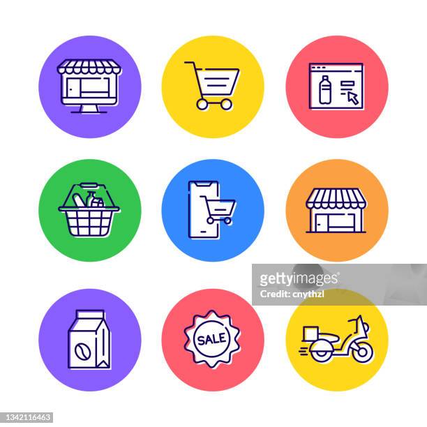 set of grocery online set of sewing related line icons. outline symbol collection - home delivery icon stock illustrations