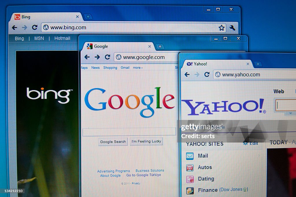 Bing, Google and Yahoo sites on Lcd screen