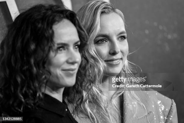 Amy Manson and Jodie Comer attend the UK premiere of 20th Century Studios' "The Last Duel" at Odeon Luxe Leicester Square on September 23, 2021 in...