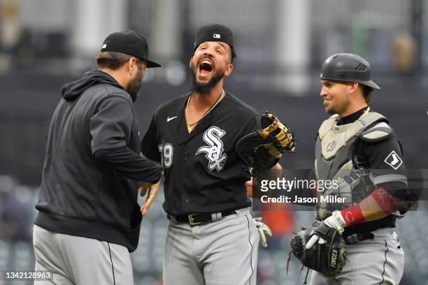 Jose Abreu of the Chicago White Sox celebrates after the Chicago White Sox defeated the Cleveland Indians in game one of a double header at...