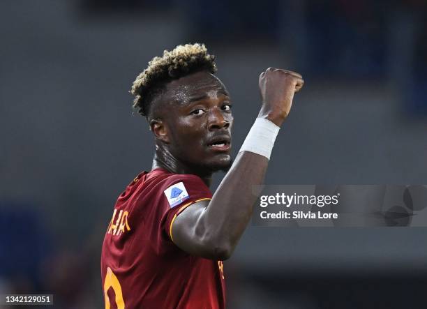 Tammy Abraham of AS Roma celebrates after scoring goal 1-0 during the Serie A match between AS Roma v Udinese Calcio at Stadio Olimpico on September...