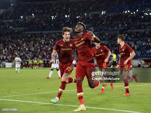 Tammy Abraham of AS Roma celebrates with teammate Nicolò Zaniolo after scoring goal 1-0 during the Serie A match between AS Roma v Udinese Calcio at...