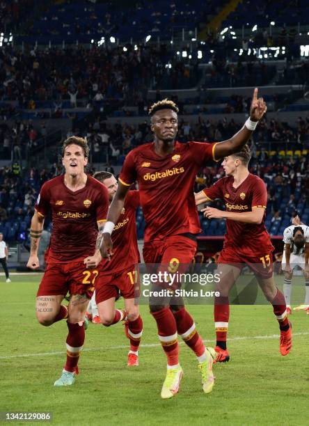 Tammy Abraham of AS Roma celebrates with teammate Nicolò Zaniolo after scoring goal 1-0 during the Serie A match between AS Roma v Udinese Calcio at...