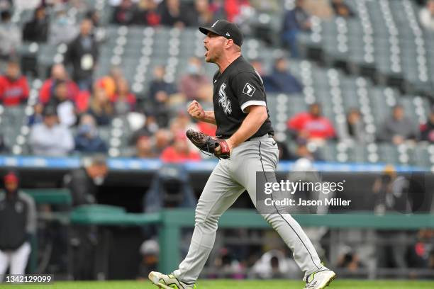 Closing pitcher Liam Hendriks of the Chicago White Sox celebrates after the Chicago White Sox defeated the Cleveland Indians in game one of a double...