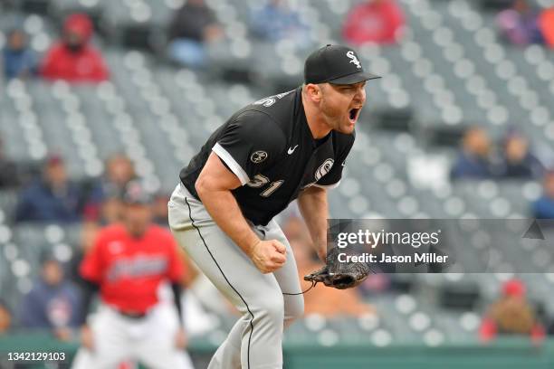 Closing pitcher Liam Hendriks of the Chicago White Sox celebrates after the Chicago White Sox defeated the Cleveland Indians in game one of a double...