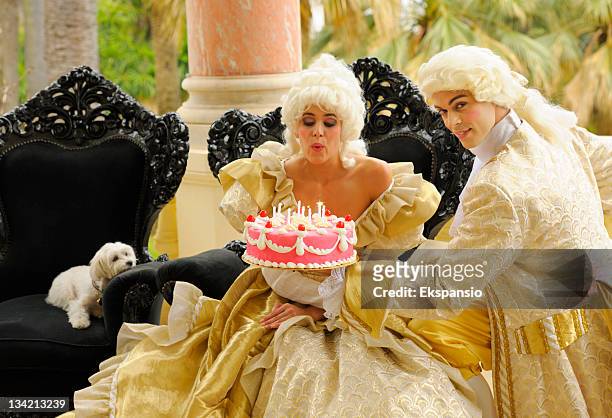 happy aristocratic birthday with cake - france costume stock pictures, royalty-free photos & images
