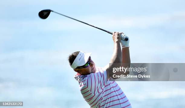 Robert Allenby of Australia hits his tee shot on the 14th hole during the practice round of the Pure Insurance Championship at the Pebble Beach Golf...