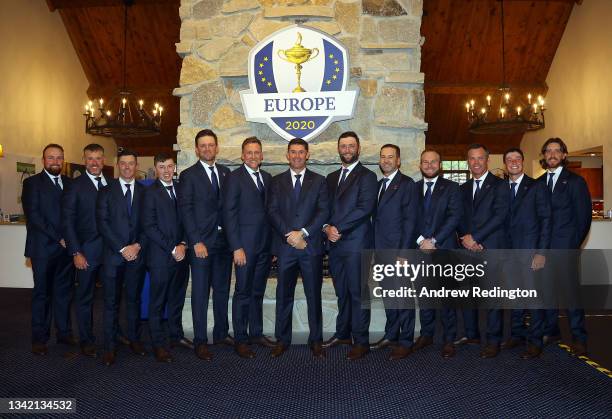 Shane Lowry of Ireland and team Europe, Lee Westwood of England and team Europe, Rory McIlroy of Northern Ireland and team Europe, Matthew...