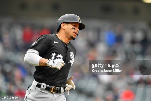 Cesar Hernandez of the Chicago White Sox runs out a single during the sixth inning of game one of a double header against the Cleveland Indians at...