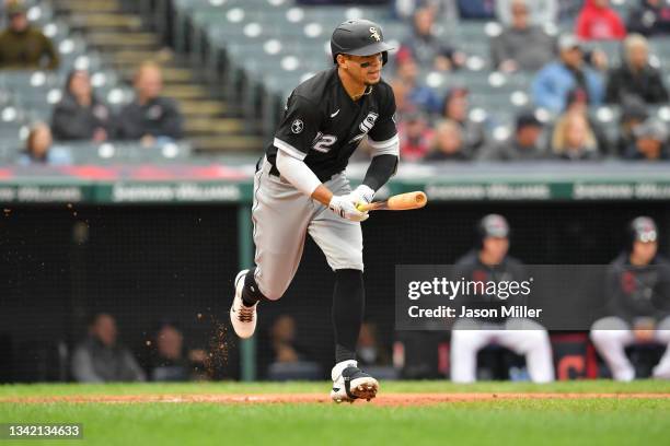 Cesar Hernandez of the Chicago White Sox runs out a single during the sixth inning of game one of a double header against the Cleveland Indians at...