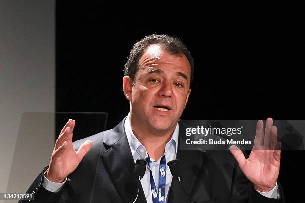 Sergio Cabral, Governor of Rio de Janeiro speaks during the opening conference of Soccerex Global Convention at Forte de Copacabana on November 28,...