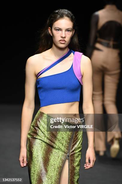 Model walks the runway during the Drome Ready to Wear Spring/Summer 2022 fashion show as part of the Milan Fashion Week on September 23, 2021 in...