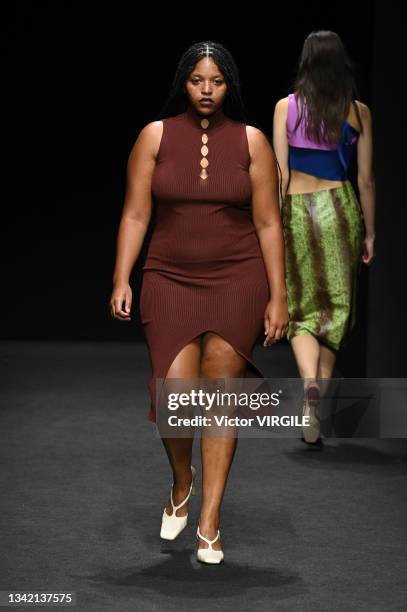 Model walks the runway during the Drome Ready to Wear Spring/Summer 2022 fashion show as part of the Milan Fashion Week on September 23, 2021 in...