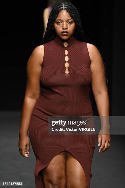 Model walks the runway during the Drome Ready to Wear Spring/Summer 2022 fashion show as part of the Milan Fashion Week on September 23, 2021 in...