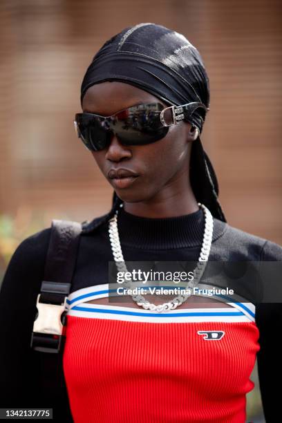 Model outside Etro fashion show during the Milan Fashion Week - Spring / Summer 2022 on September 23, 2022 in Milan, Italy.