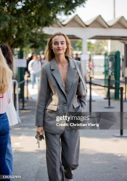 Maartje Verhoef is seen wearing grey suit outside Boss during the Milan Fashion Week - Spring / Summer 2022 on September 23, 2021 in Milan, Italy.