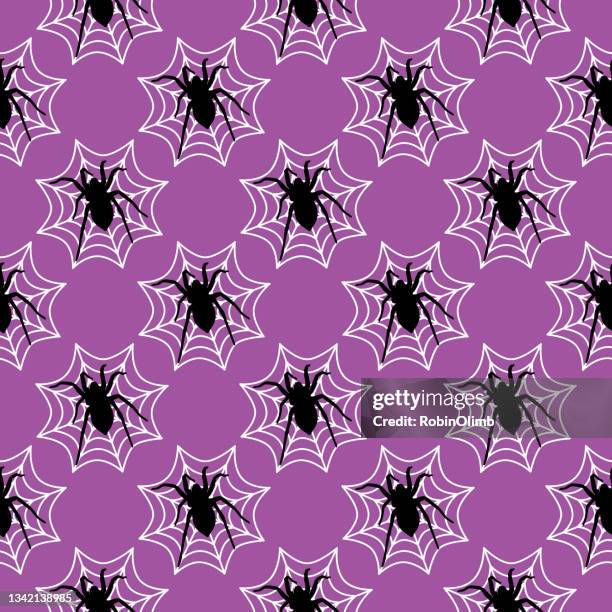 black spiders white webs purple background seamless pattern - spider web pattern stock illustrations