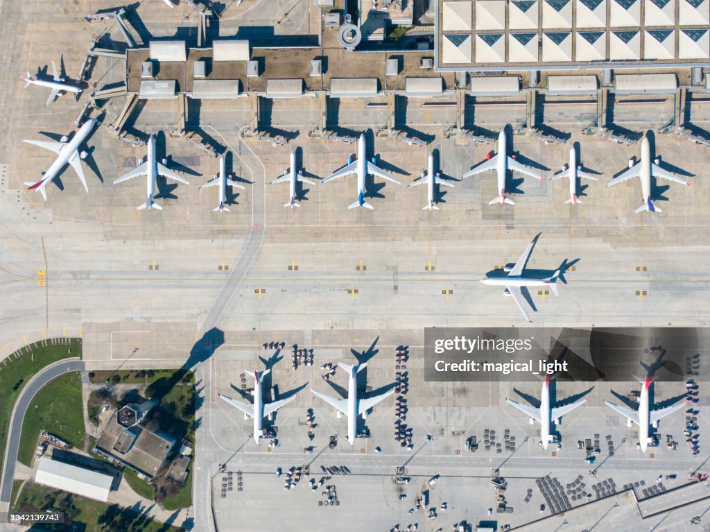 Aerial view of an airport.