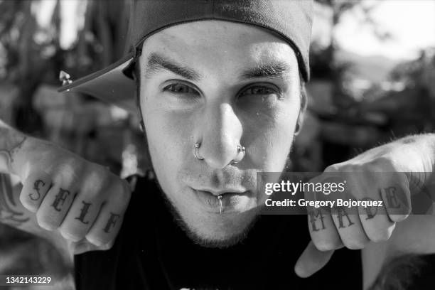 American musician Travis Barker of Blink-182 at his home in July, 2001 in Riverside, California.